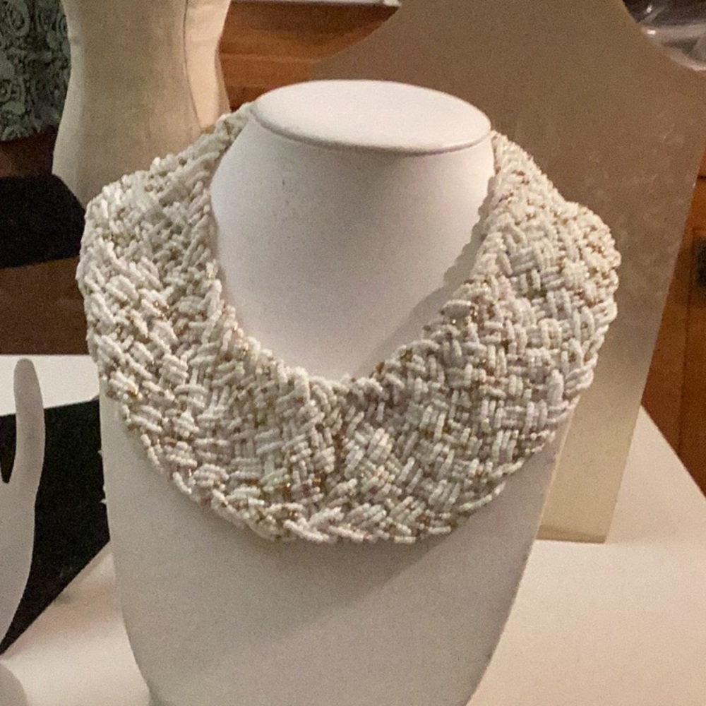 Chico’s white and gold beaded statement necklace
